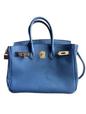 Blue Pebbled Leather Birkin Style Satchel Tote Bag Gold Hardware Crossbody